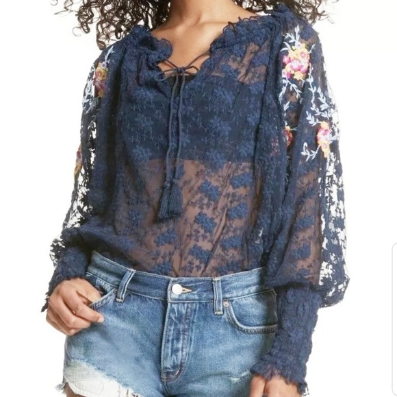 Free People Tops - Free People  - Jubilee Mesh Embroidered Lace Top